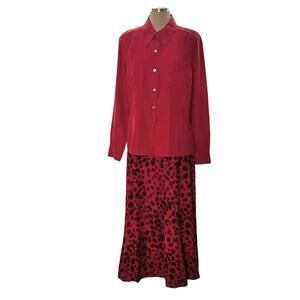 Katherine Kelly Silk Midi Skirt Blouse Set Size 12 14 Red Animal Print Timeless